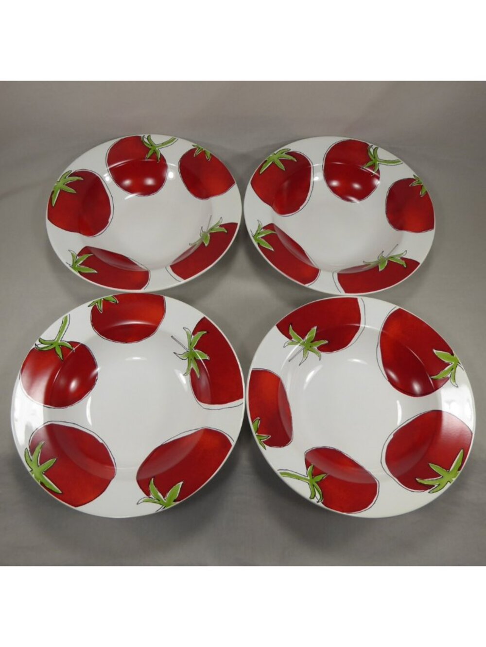 Food Network Tomato Pasta Bowls Set Of 4 Red Green Vine 9.5" Soup Salad Plates